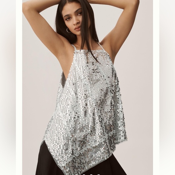 Anthropologie Sequins Halter Tank Blue Asymmetrical XL NWT - Picture 1 of 16